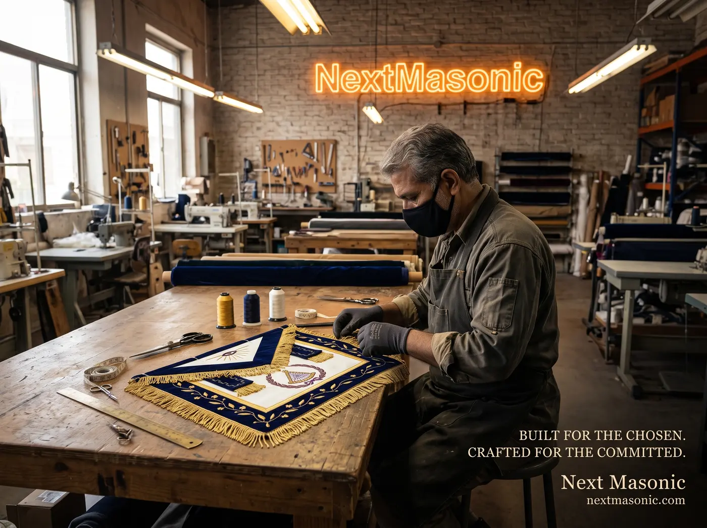 Gold fringe being finished on a blue apron