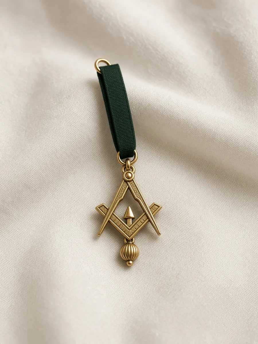 Gold square and compass jewel on green ribbon