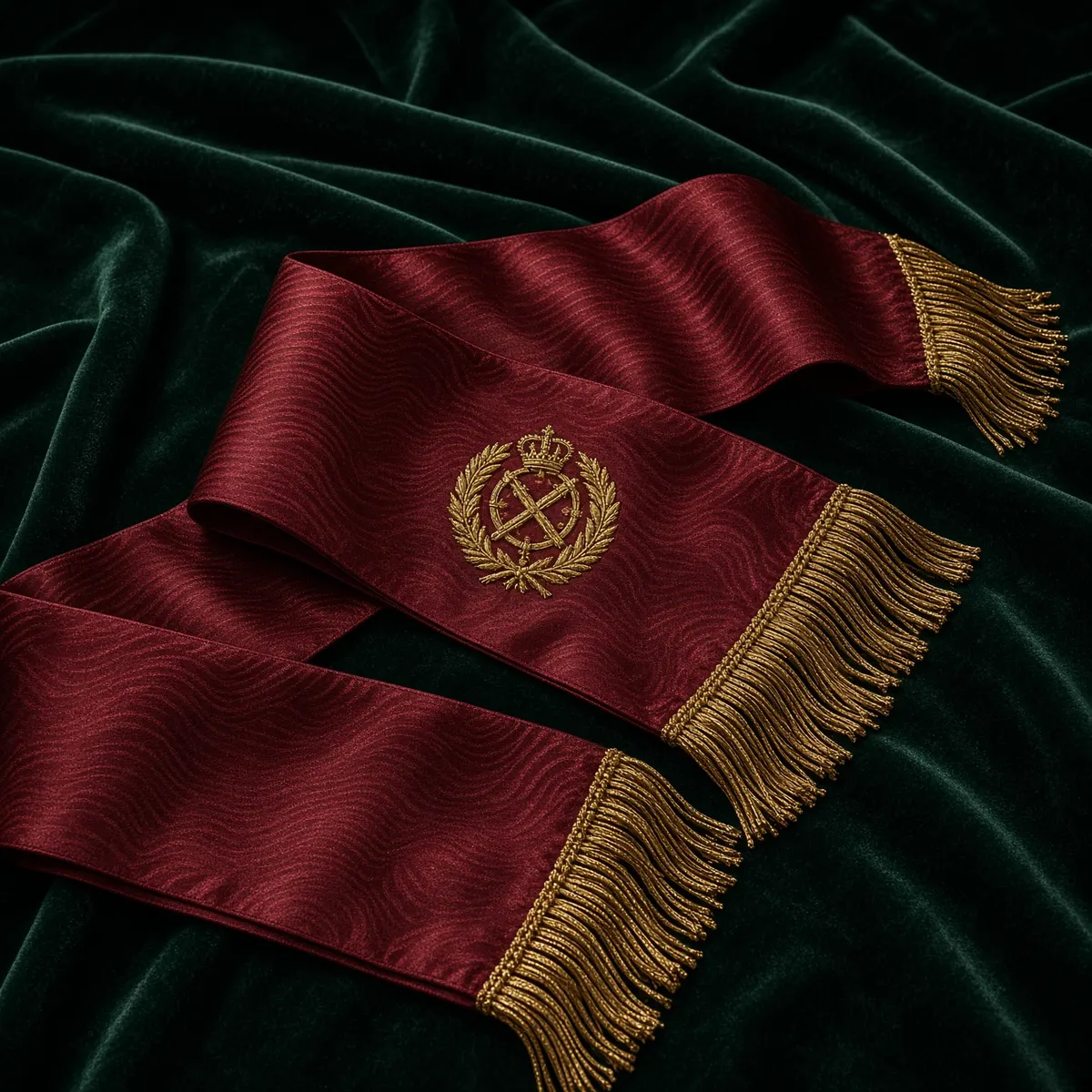 Maroon sash with gold fringe and crest