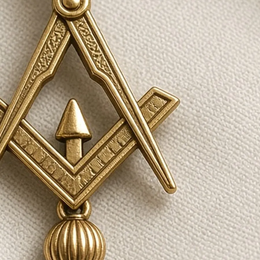 Gold square and compass jewel, close view