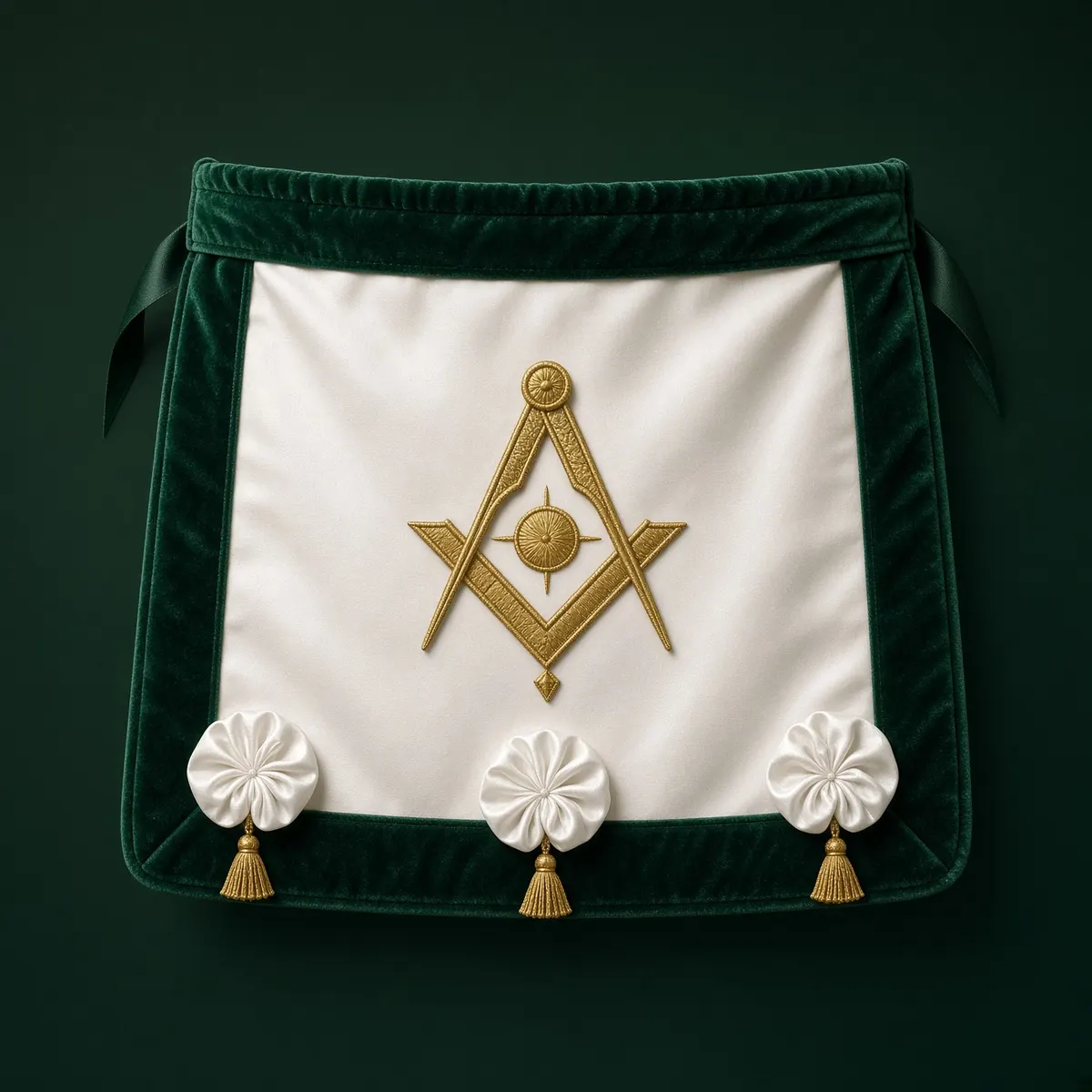 Green and white apron with gold emblem and rosettes