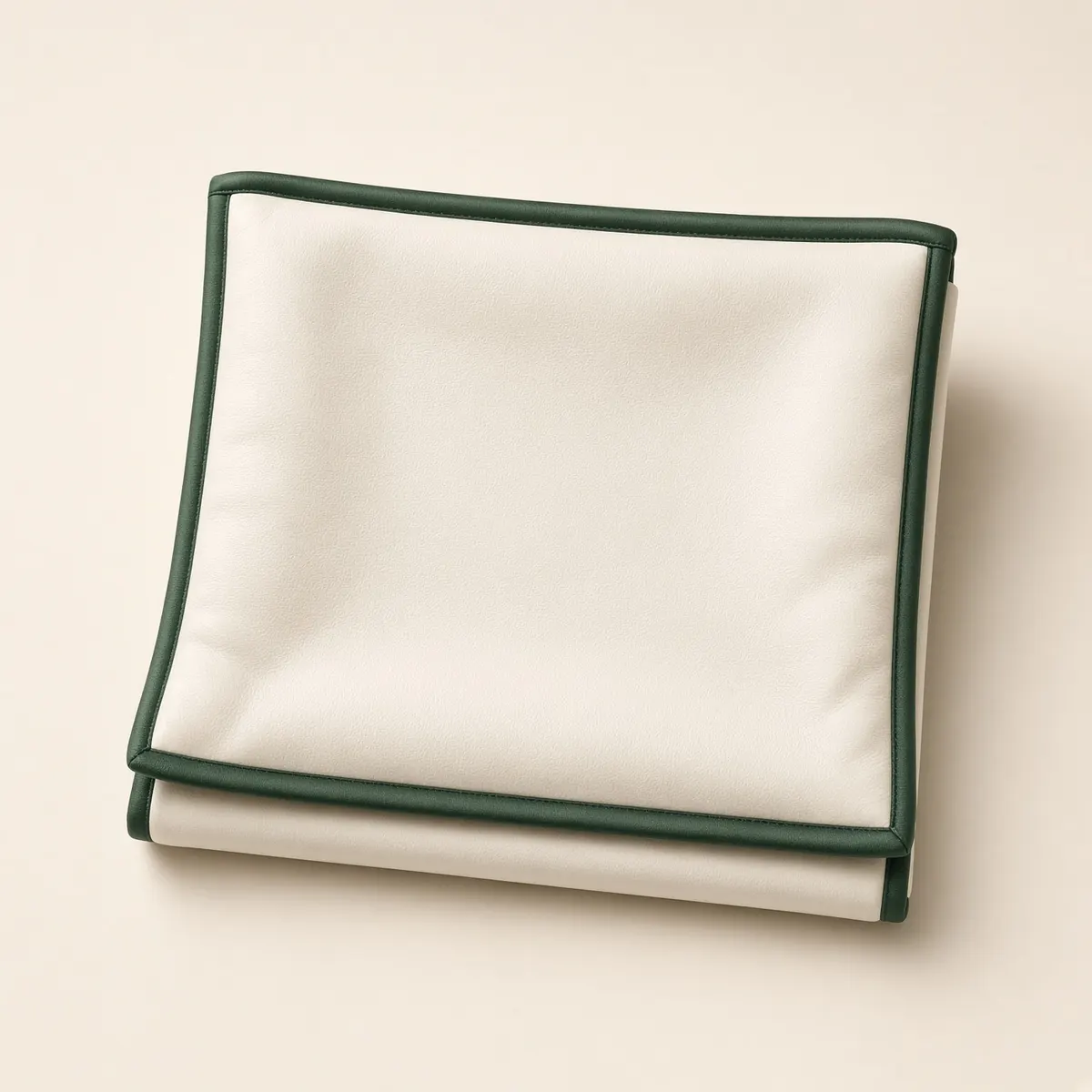 Folded white apron case with green trim