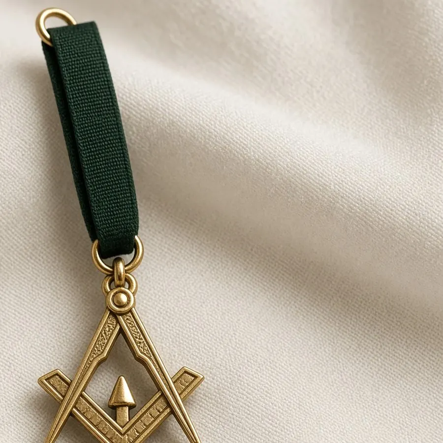 Gold jewel on green ribbon, detail