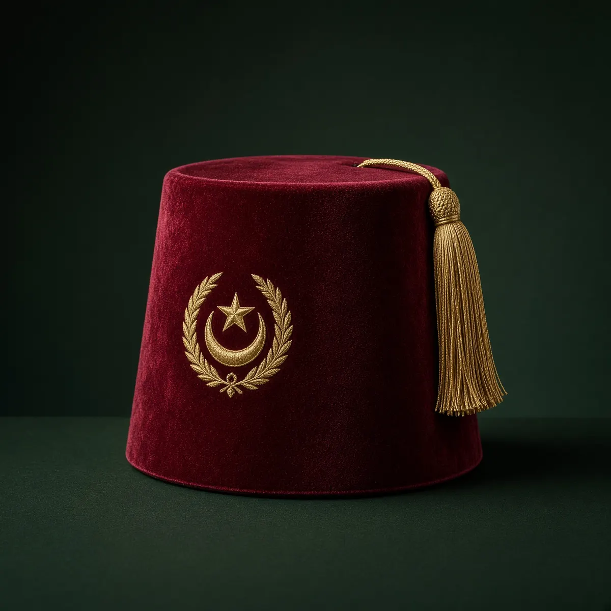 Maroon fez with gold emblem and tassel