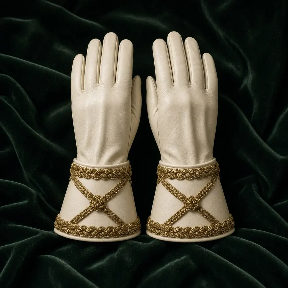 White gauntlet gloves with gold cord