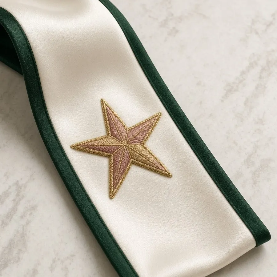 Ivory sash with rose-gold star, close