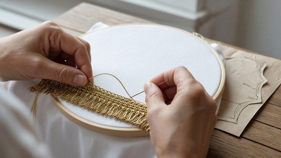 Gold fringe embroidered to the Lodge pattern