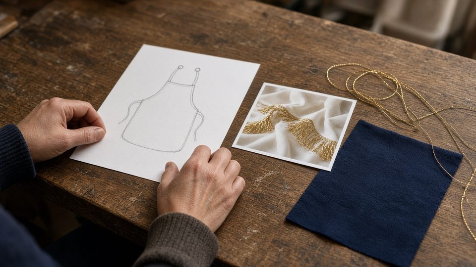 Lodge sketch and cloth sample on the bench