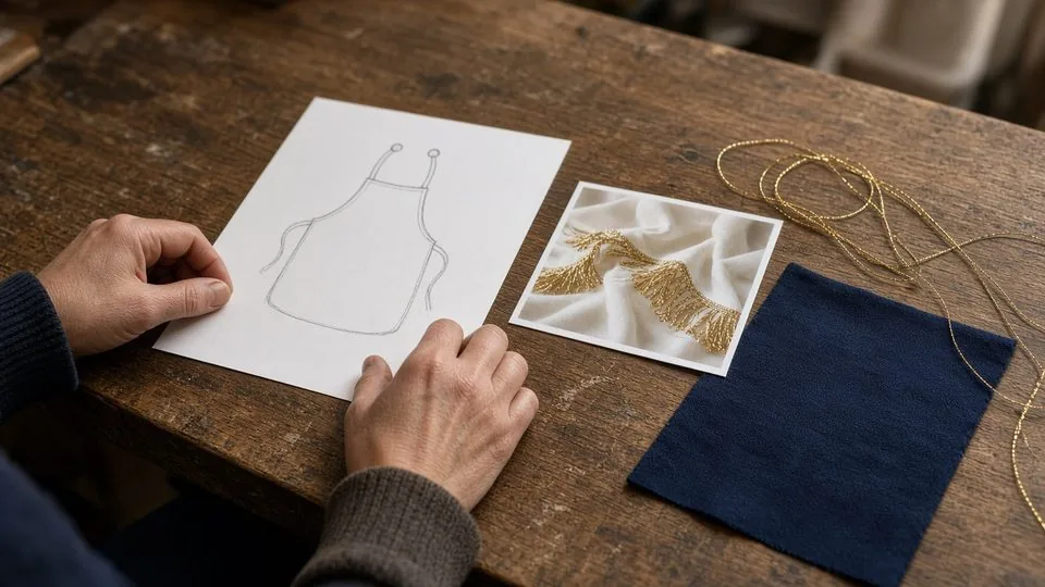 Lodge sketch and cloth sample on the bench