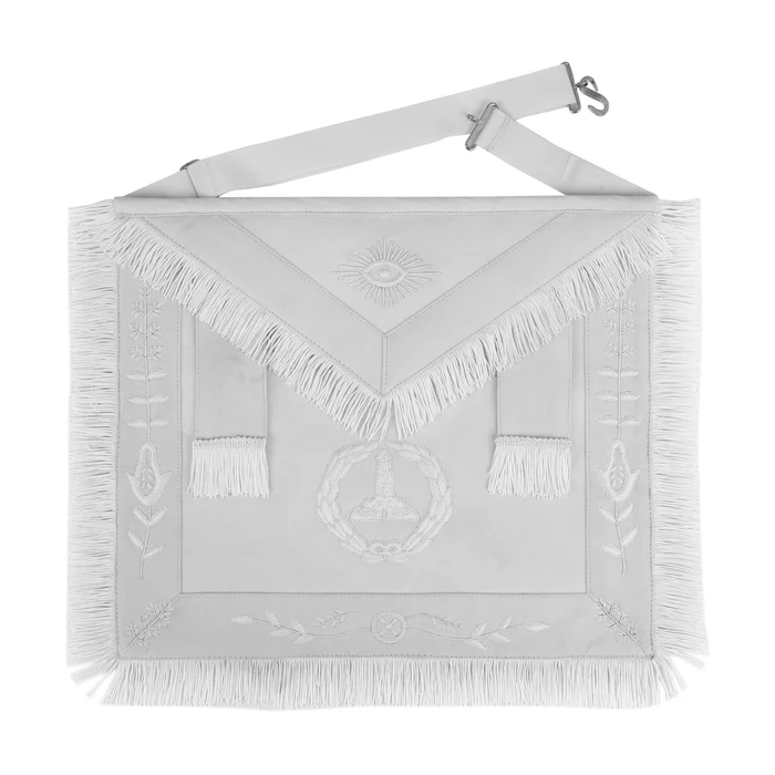 Senior Warden Blue Lodge Apron – Hand Embroidery with White Fringe & Side Tabs