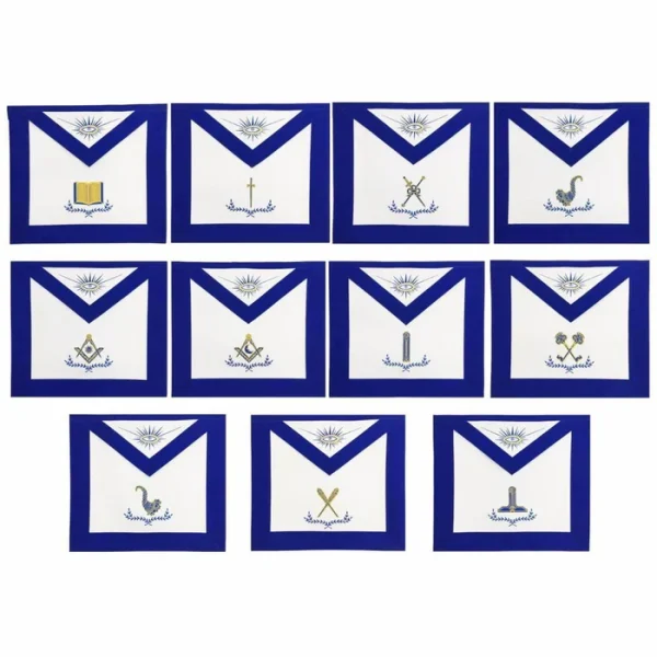 Officers Blue Lodge Officer Apron Set - Royal Blue Ribbon Machine Embroidery (Set of 11)