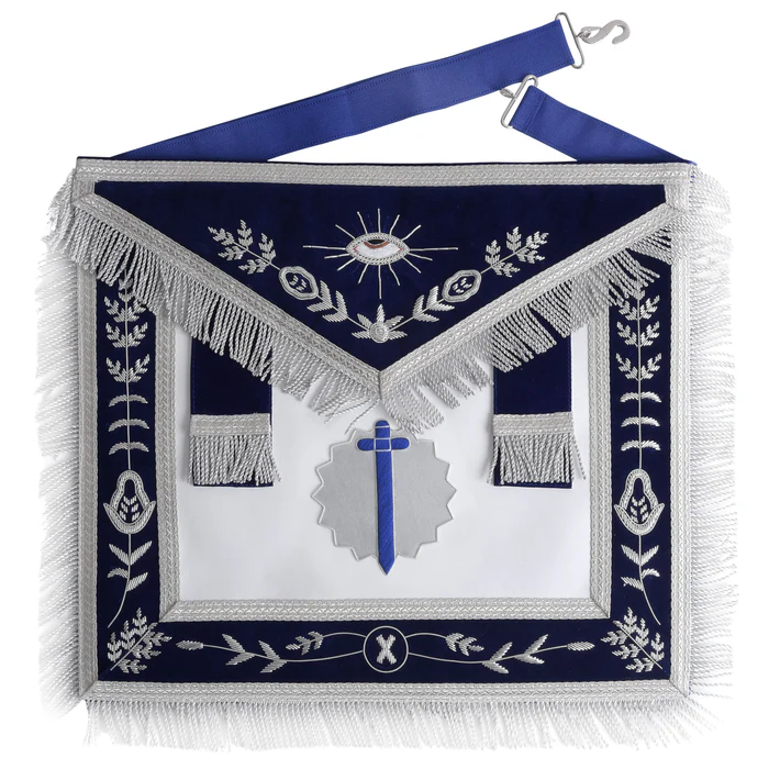 Tyler Blue Lodge Officer Apron – Navy Blue Velvet with Silver Fringe