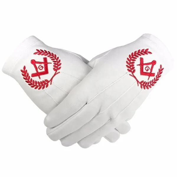 Master Mason Blue Lodge Gloves - White Cotton With Red Machine Embroidery