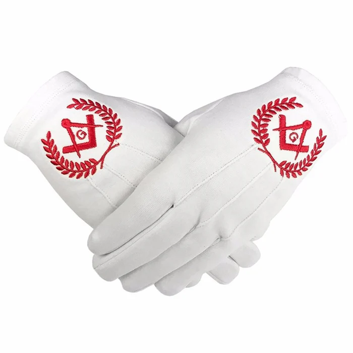 Master Mason Blue Lodge Gloves – White Cotton With Red Machine Embroidery