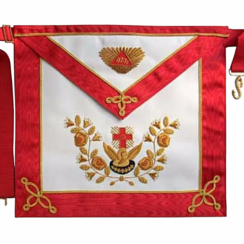 18th Degree Scottish Rite Apron – White & Red Moire Gold Hand Embroidery