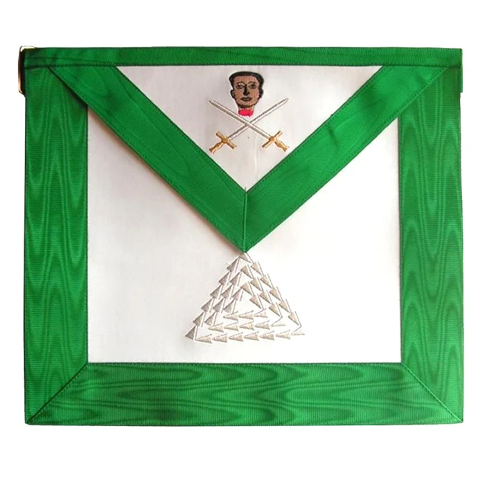 15th Degree Scottish Rite Apron – White & Green Moire with Silver Embroidery