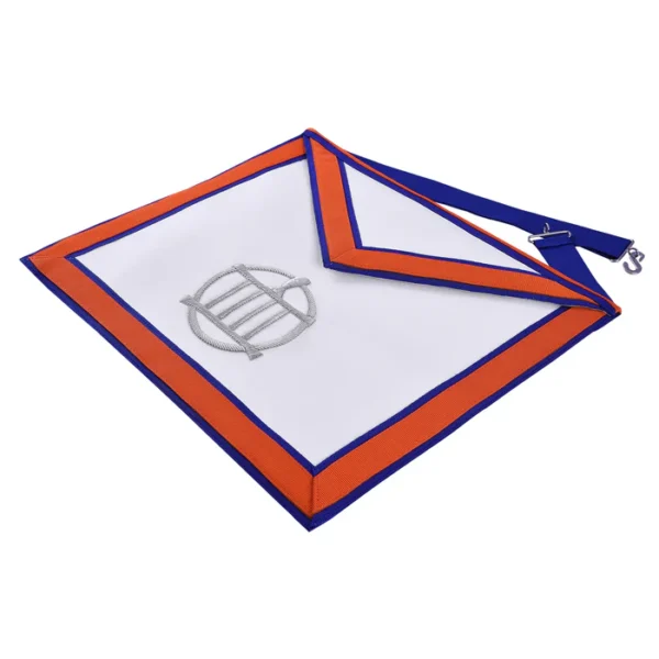 Installed Worthy Master St. Lawrence the Martyr AMD Apron - Blue & Orange Borders with Silver Gridiron 1 Installed Worthy Master St. Lawrence the Martyr AMD Apron - Blue & Orange Borders with Silver Gridiron