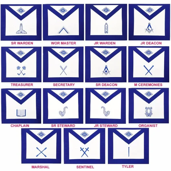 Officers Blue Lodge Officer Apron Set - Royal Blue Ribbon Machine Embroidery (Set of 15)