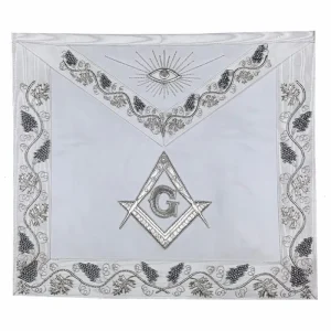 Master Mason Blue Lodge Apron - White Moire Ribbon with Silver Hand Embroidery