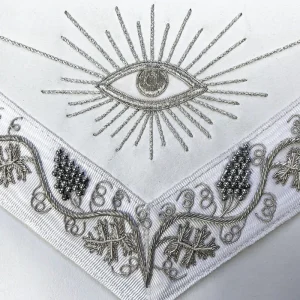 Master Mason Blue Lodge Apron - White Moire Ribbon with Silver Hand Embroidery