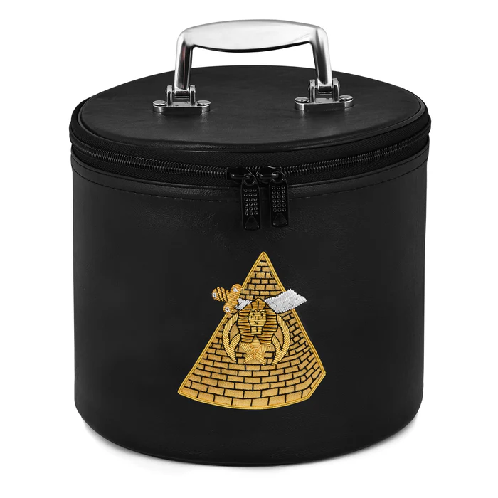 SHRINERS FEZ CASE – BLACK SYNTHETIC LEATHER WITH PYRAMID EMBLEM