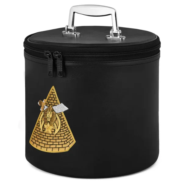 SHRINERS FEZ CASE - BLACK SYNTHETIC LEATHER WITH PYRAMID EMBLEM