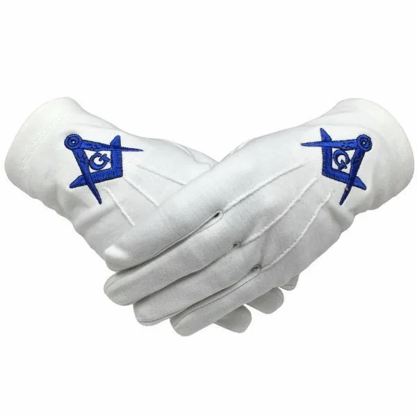 Master Mason Blue Lodge Gloves - White Cotton Machine Embroidery