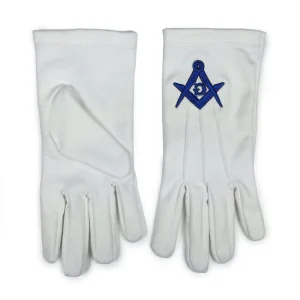 Master Mason Blue Lodge Gloves - White Cotton Machine Embroidery Front and Back