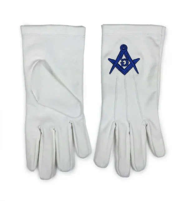 Master Mason Blue Lodge Gloves - White Cotton Machine Embroidery Front and Back