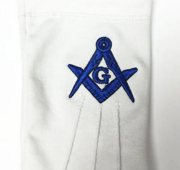 Master Mason Blue Lodge Gloves - White Cotton Machine Embroidery Logo