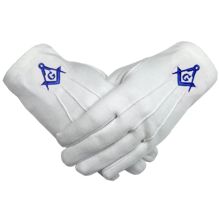 Master Mason Blue Lodge Gloves – White Cotton with Royal Blue Square & Compass G