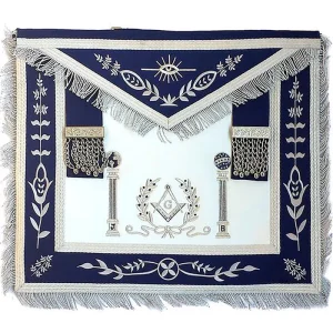 Master Mason Blue Lodge Apron - Navy Blue With Pillars Silver Hand Embroidery