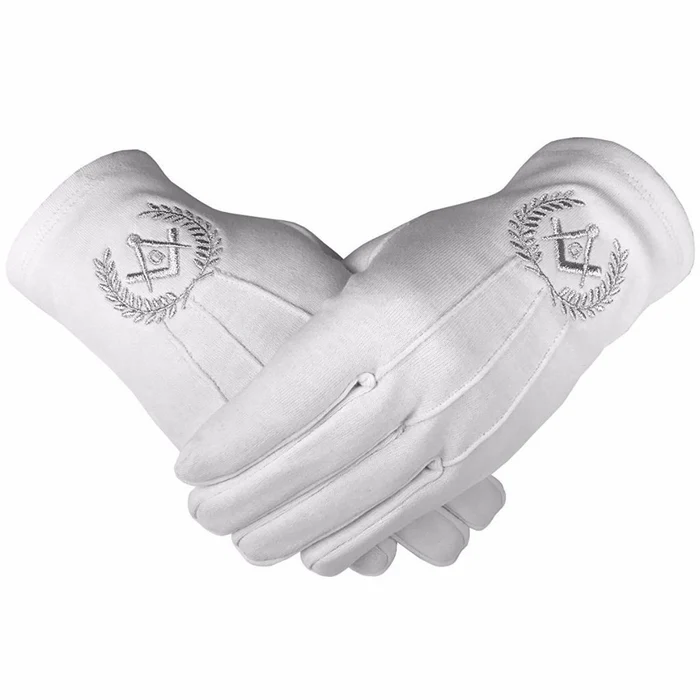 Master Mason Blue Lodge Gloves – White Cotton with Silver Square & Compass G