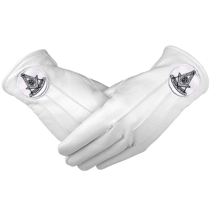 Past Master Blue Lodge Gloves – White Leather with Black California Regulation Emblem