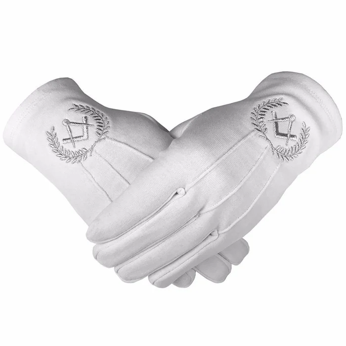 Master Mason Blue Lodge Gloves – White Cotton with Silver Square & Compass