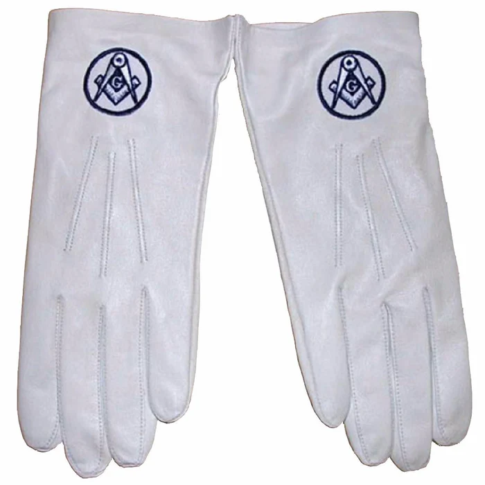 Master Mason Blue Lodge Gloves – White Leather with Square & Compass G Embroidery