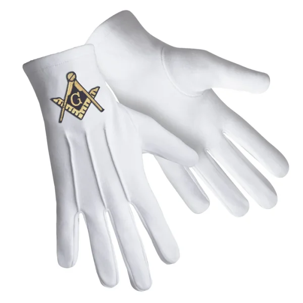 Master Mason Blue Lodge Gloves - Square & Compass G White Cotton Front and Back