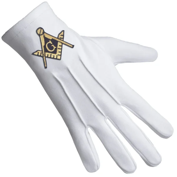 Master Mason Blue Lodge Gloves - Square & Compass G White Cotton Front