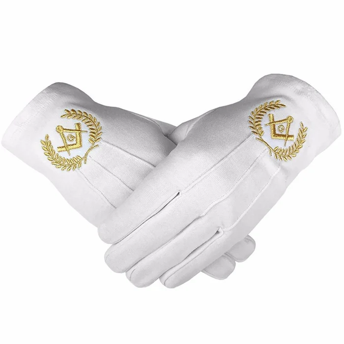 Master Mason Blue Lodge Gloves – White Cotton with Gold Square & Compass G