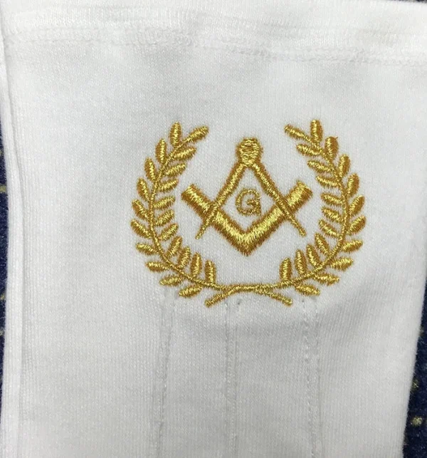 Master Mason Blue Lodge Gloves - White Cotton with Gold Square & Compass G Logo