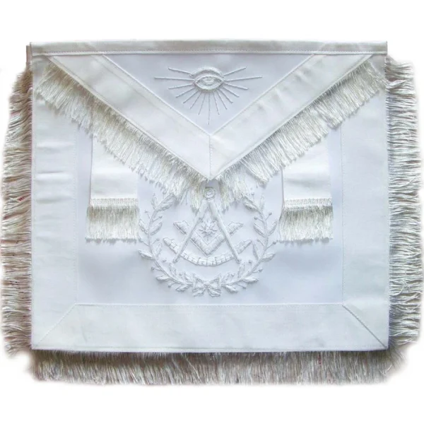 Past Master Blue Lodge Apron - All White with Wreath & Fringe Tassels