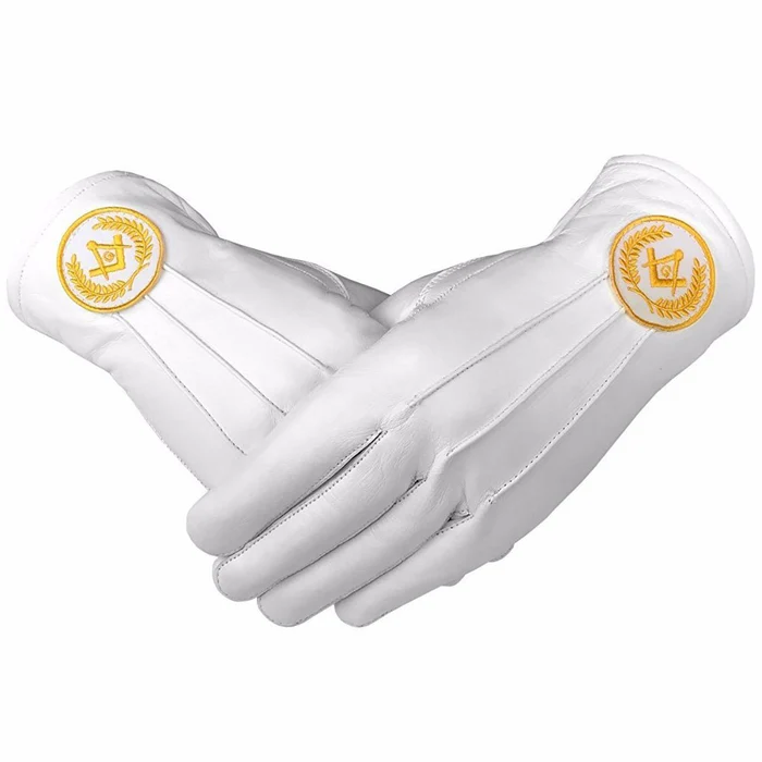 Master Mason Blue Lodge Gloves – White Leather with Yellow Square & Compass G