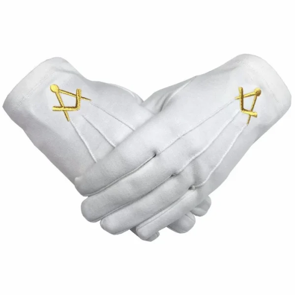 Master Mason Blue Lodge Gloves - White Cotton with Golden Square & Compass