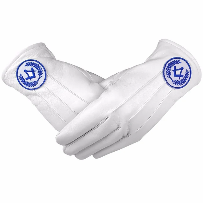 Master Mason Blue Lodge Gloves – White Leather with Blue Square & Compass