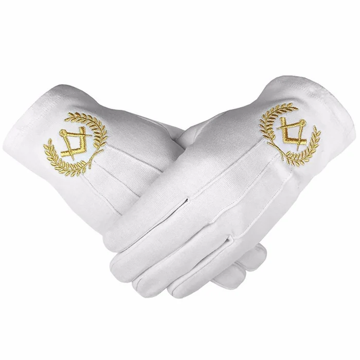 Master Mason Blue Lodge Gloves – White Cotton with Gold Square & Compass