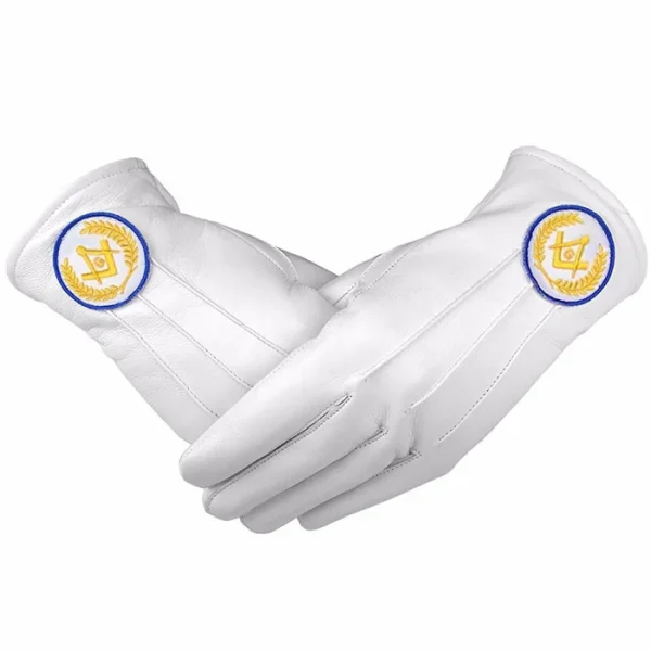 Master Mason Blue Lodge Gloves - White Leather with Yellow and Blue Square & Compass G