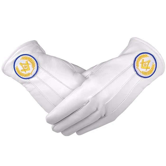 Master Mason Blue Lodge Gloves – White Leather with Yellow and Blue Square & Compass G