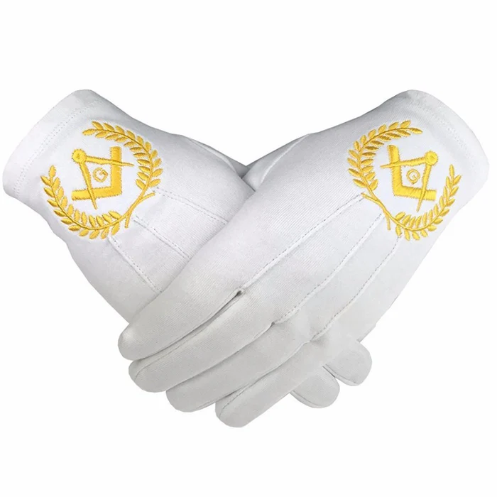 Master Mason Blue Lodge Gloves – White Cotton with Yellow Square & Compass G