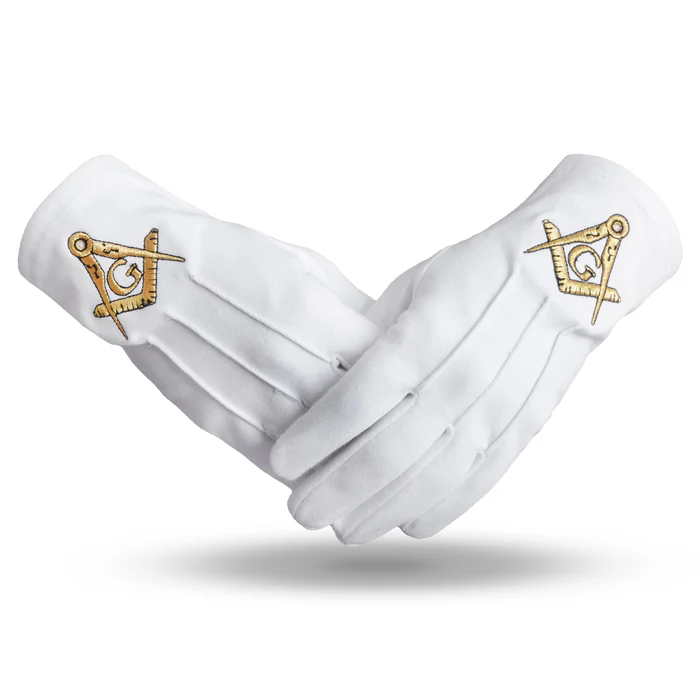 Master Mason Blue Lodge Gloves – Pure Cotton Gold Square & Compass G