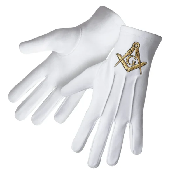 Master Mason Blue Lodge Gloves - Pure Cotton Gold Square & Compass G Front and Back